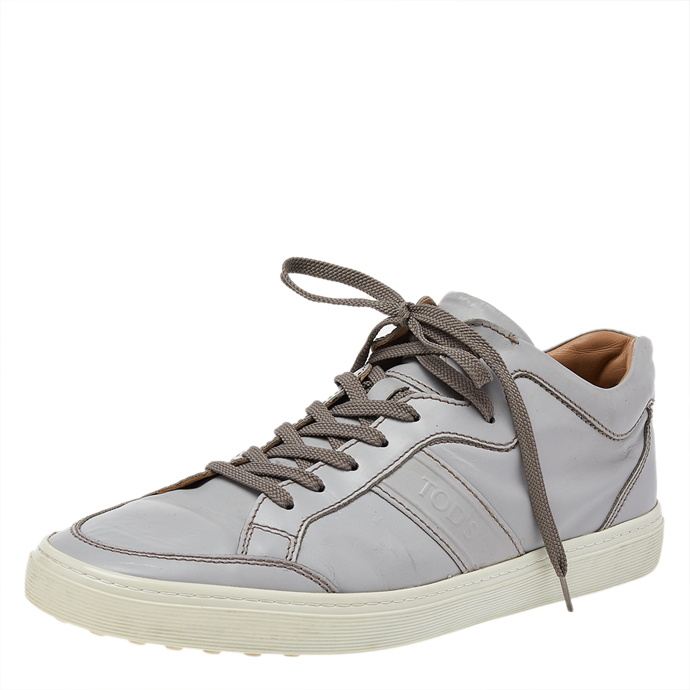luxury-men-tods-used-shoes-p492298-006 Tods Grey Leather Low Top Sneakers Size 42