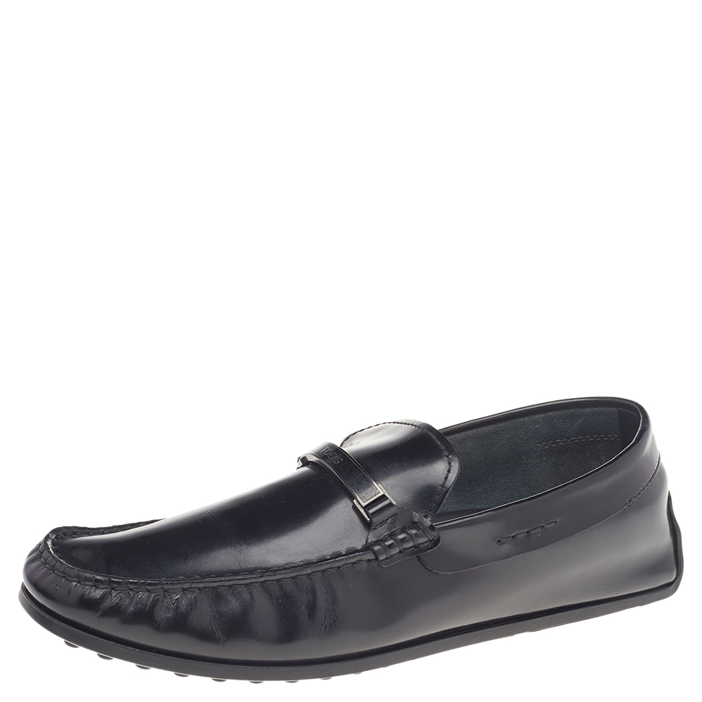 luxury-men-tods-used-shoes-p514774-004-2 Tod's Black Leather Logo Trim Slip On Loafers Size 41