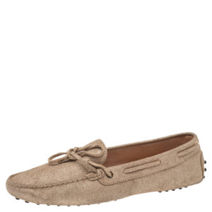 Tod's Metallic Gold Canvas Bow Loafers Size 42