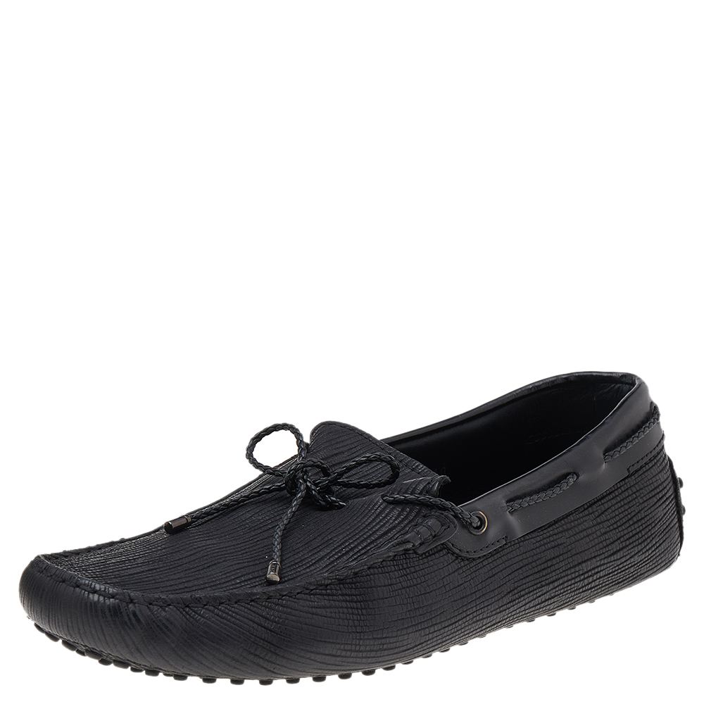 luxury-men-tods-used-shoes-p541104-001-2 Tod's Black Leather Bow Slip on Loafers Size 44.5