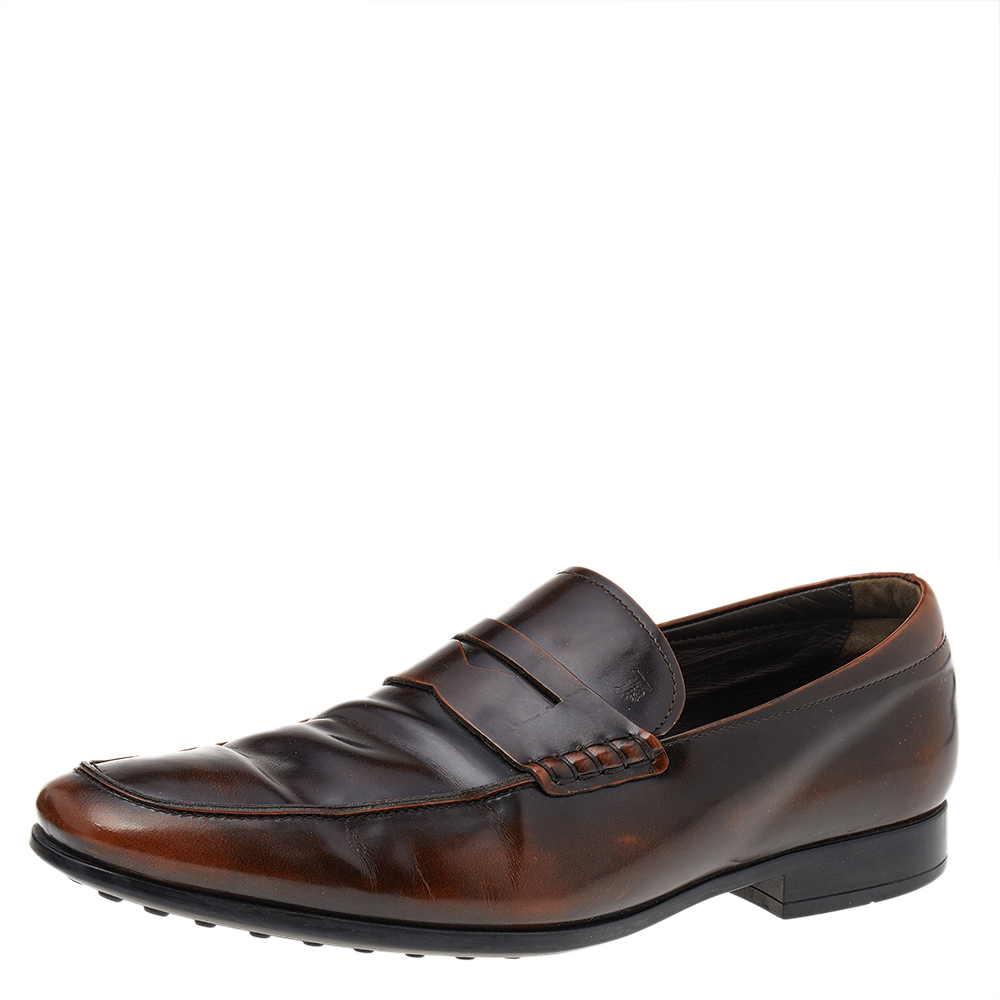 luxury-men-tods-used-shoes-p541681-006-2 Tod's Dark Brown Leather Slip On Penny Loafers Size 43