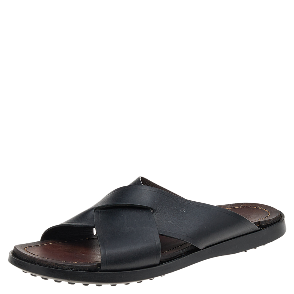luxury-men-tods-used-shoes-p569403-002-1 Tod's Black Leather Criss Cross Flat Slides Size 43