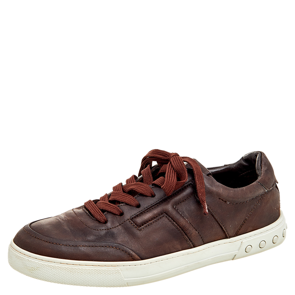 luxury-men-tods-used-shoes-p569836-005-2 Tod's Dark Brown Leather Low Top Sneakers Size 41