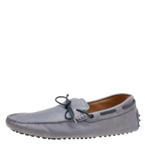 Tod's Grey/Navy Blue Leather Braided Bow Slip On Loafers Size 47