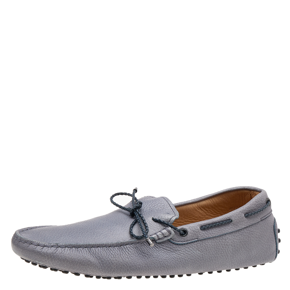 luxury-men-tods-used-shoes-p610598-006-2 Tod's Grey/Navy Blue Leather Braided Bow Slip On Loafers Size 47