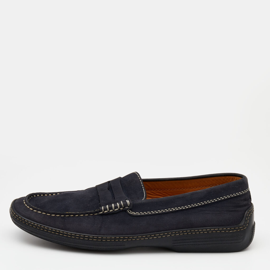 luxury-men-tods-used-shoes-p626007-002 Tod's Navy Blue Nubuck Leather Penny Slip On Loafers Size 40