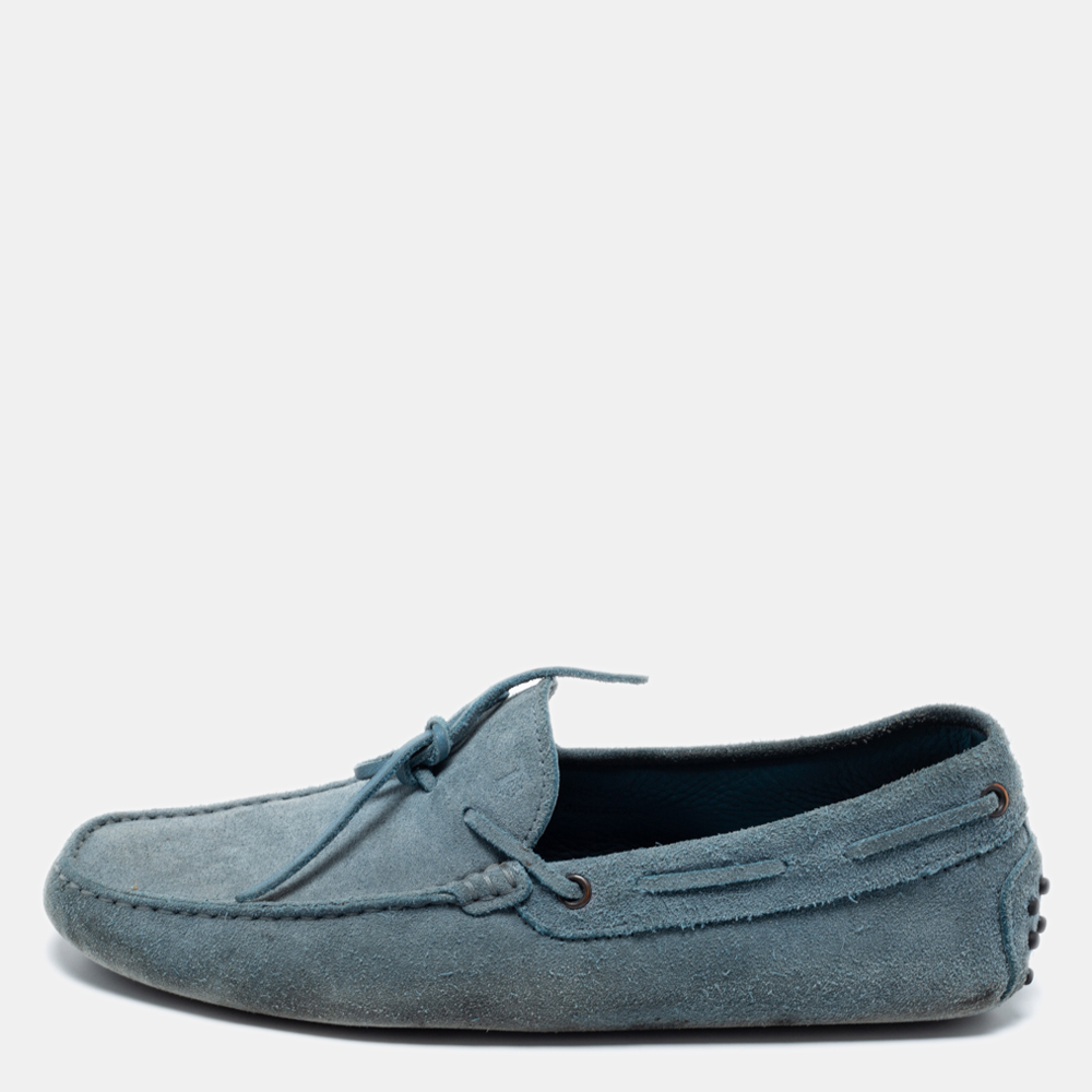 luxury-men-tods-used-shoes-p661055-001-1 Tod's Light Blue Suede Bow Loafers Size 41