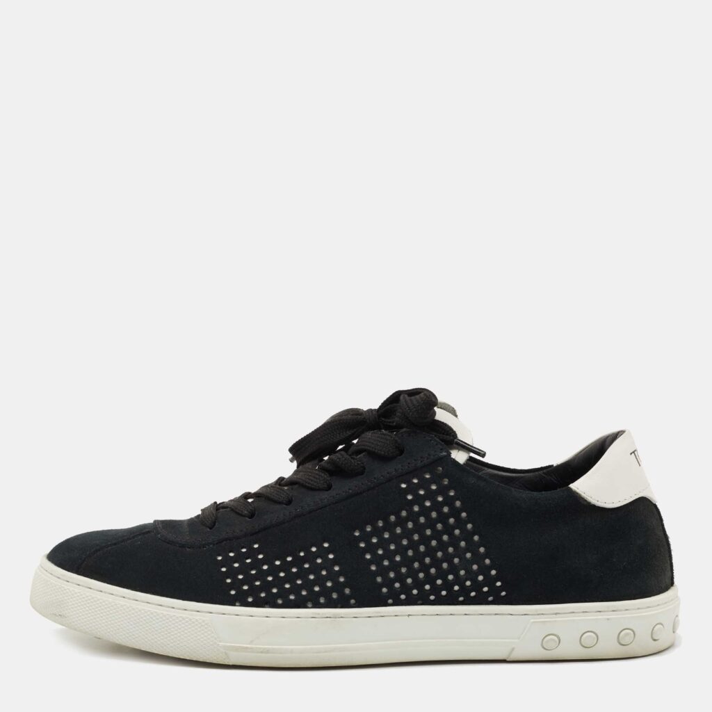luxury-men-tods-used-shoes-p764388-003 Tods Navy Blue/White Suede and Leather Low Top Sneakers Size 41.5