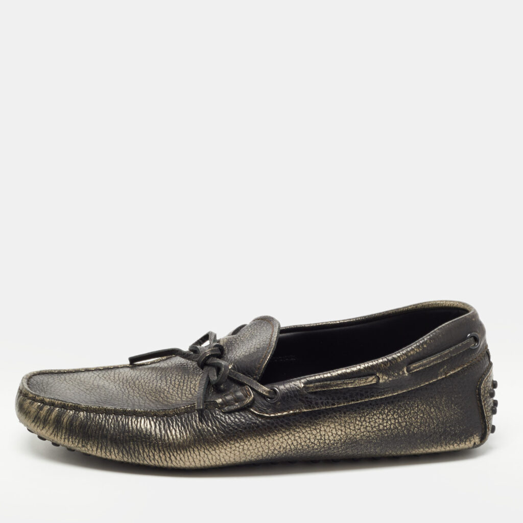 luxury-men-tods-used-shoes-p771699-001 Tod's Metallic Leather Bow Slip On Loafers Size 42.5