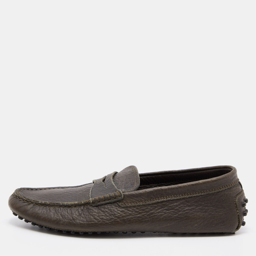 luxury-men-tods-used-shoes-p790556-010 Tod's Olive Green Leather Penny Slip On Loafers Size 40