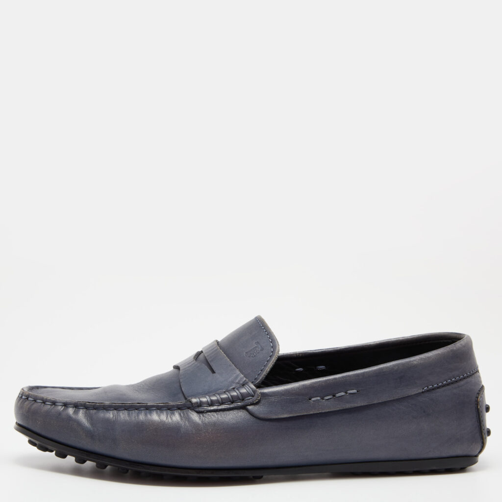 luxury-men-tods-used-shoes-p802982-009 Tods Blue Leather Slip On Loafers Size 41.5