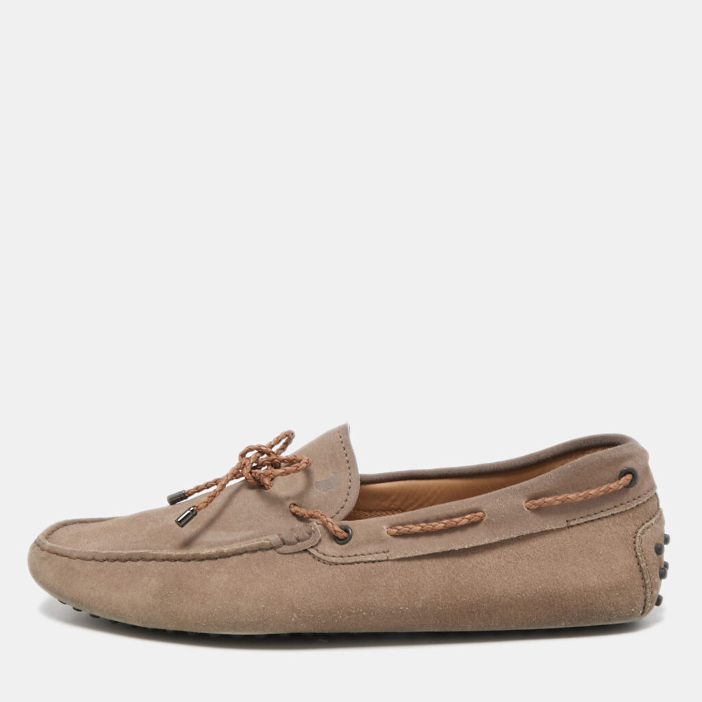 luxury-men-tods-used-shoes-p842286-001 Tod's Light Brown Suede Bow Slip On Loafers Size 43
