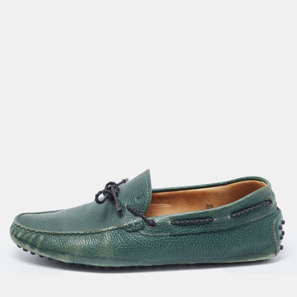 luxury-men-tods-used-shoes-p854251-003 Tod's Green Leather Bow Loafers Size 42.5