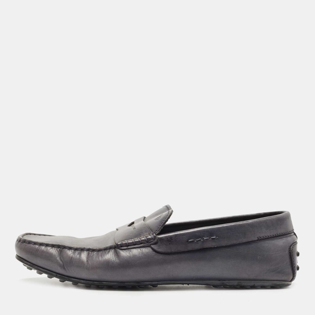 luxury-men-tods-used-shoes-p858907-003 Tods Grey Leather Slip On Loafers Size 45.5