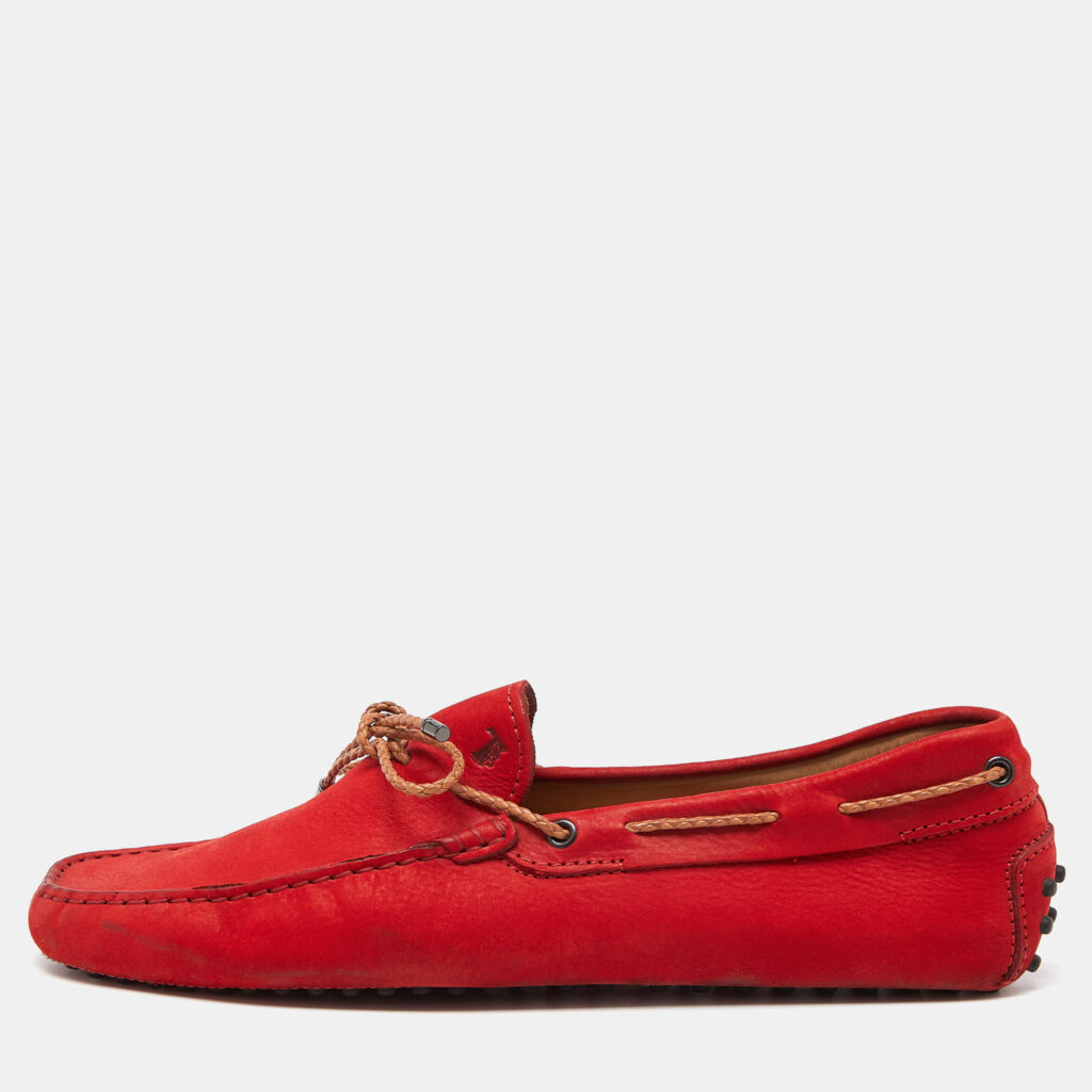 luxury-men-tods-used-shoes-p914411-002 Tod's Red Nubuck Leather Bow Slip On Loafers Size 43