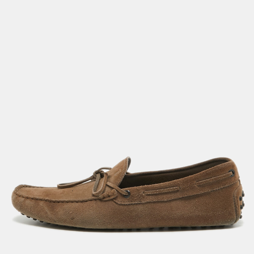 luxury-men-tods-used-shoes-p920013-001 Tod's Light Brown Suede Bow Loafers Size 44.5
