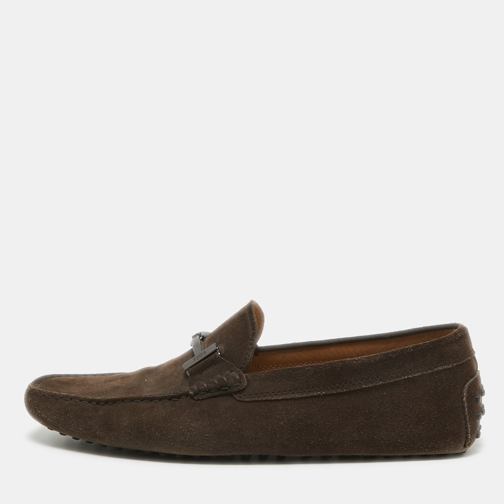 luxury-men-tods-used-shoes-p920179-001 Tod's Brown Suede Double T Loafers Size 44.5