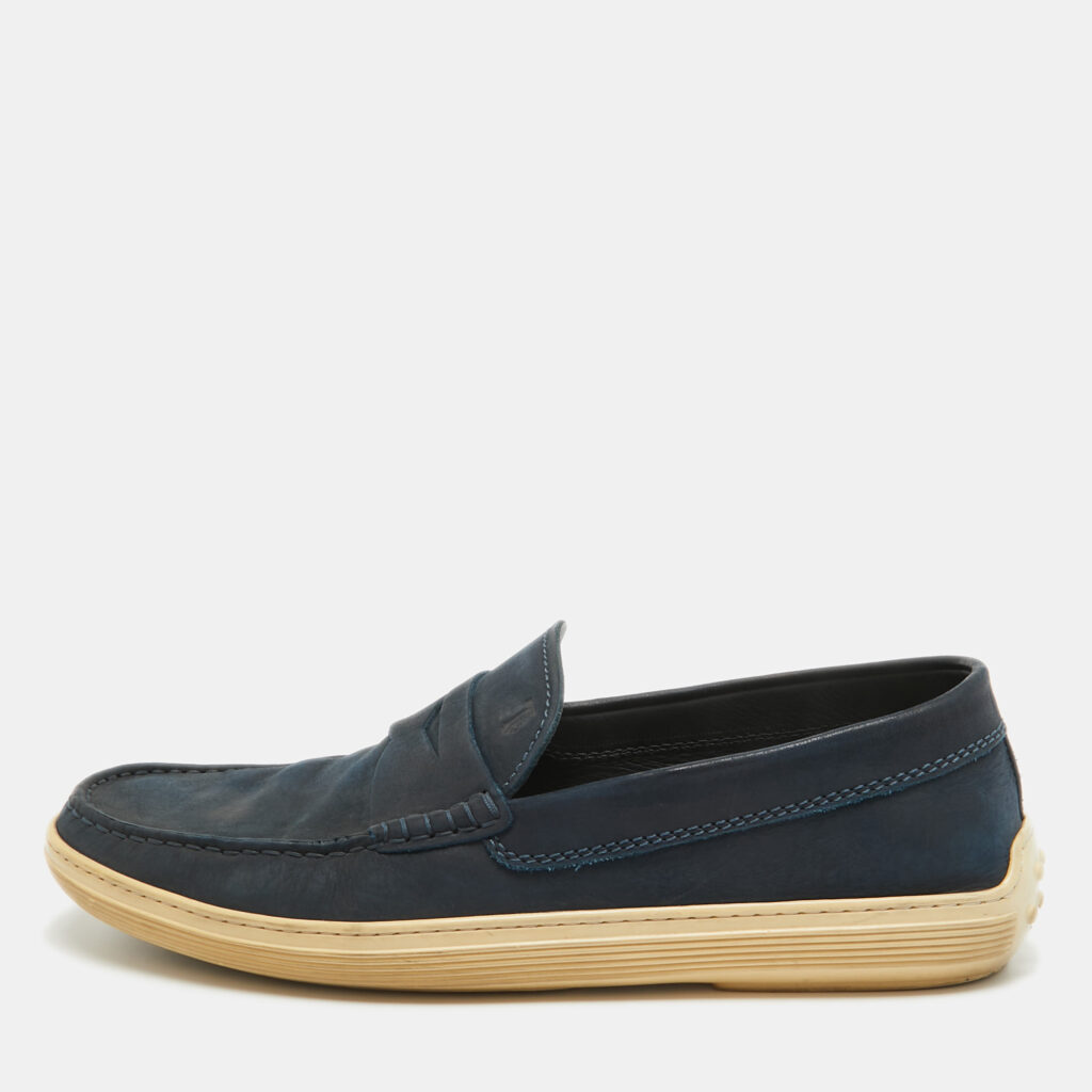 luxury-men-tods-used-shoes-p960462-001 Tod's Blue Nubuck Leather Penny Slip On Loafers Size 41.5