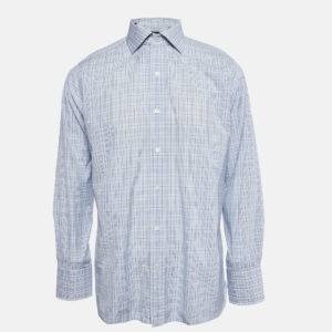 Tom Ford Blue Tartan Pattern Cotton Button Front Shirt XL