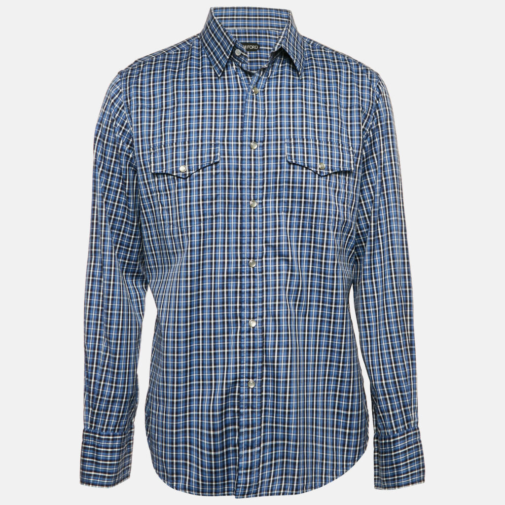 luxury-men-tom-ford-used-clothes-p1149209-003 Tom Ford Blue Checks Cotton Button Front Shirt XXL