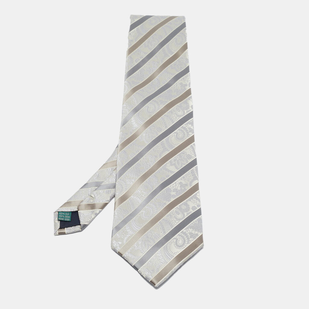 luxury-men-valentino-used-accessories-p1040714-001 Valentino Vintage Grey Striped Paisley Pattern Jacquard Silk Tie
