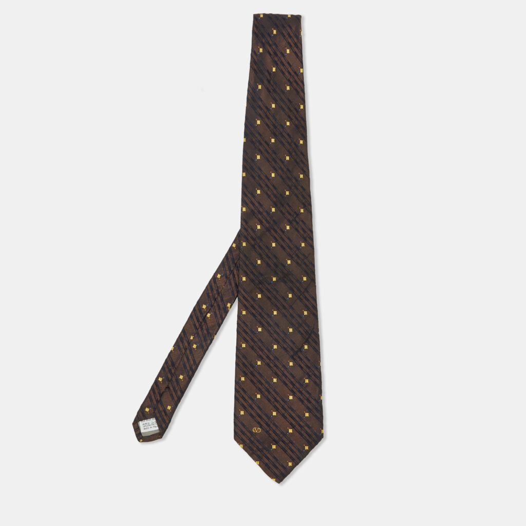 luxury-men-valentino-used-accessories-p1152254-004 Valentino Vintage Brown Diagonal Stripe Pattern Silk Tie