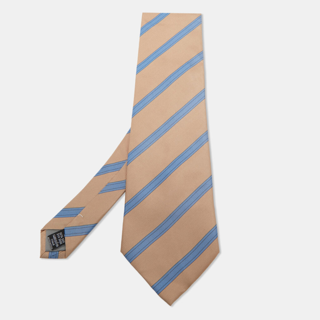 luxury-men-valentino-used-accessories-p744654-001 Valentino Beige & Blue Diagonal Striped Silk Vintage Tie