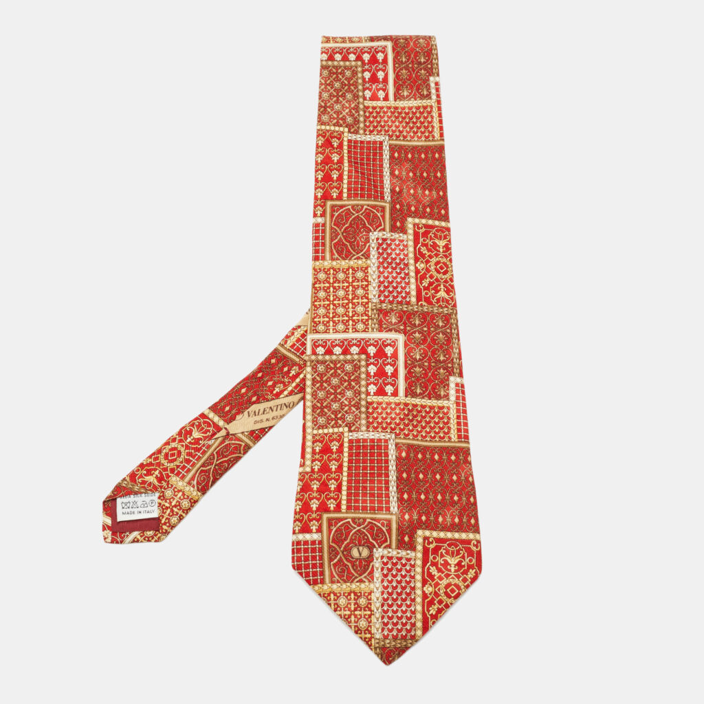 luxury-men-valentino-used-accessories-p787671-001 Valentino Cravatte Red Patchwork Print Silk Traditional Tie