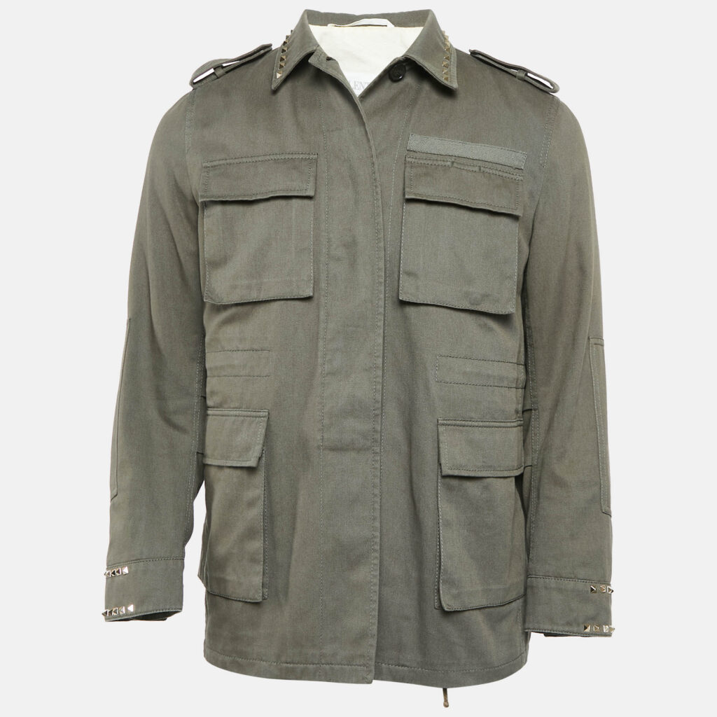 luxury-men-valentino-used-clothes-p1091827-001 Valentino Khaki Green Studded Gabardine Cotton Utility Jacket XXL