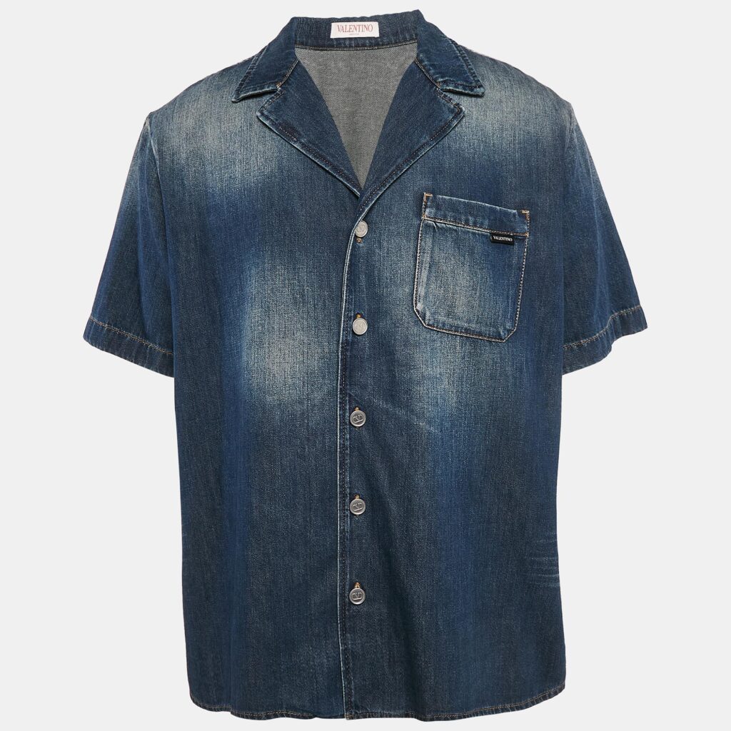 luxury-men-valentino-used-clothes-p1117418-002 Valentino Blue Washed Denim Short Sleeve Shirt S