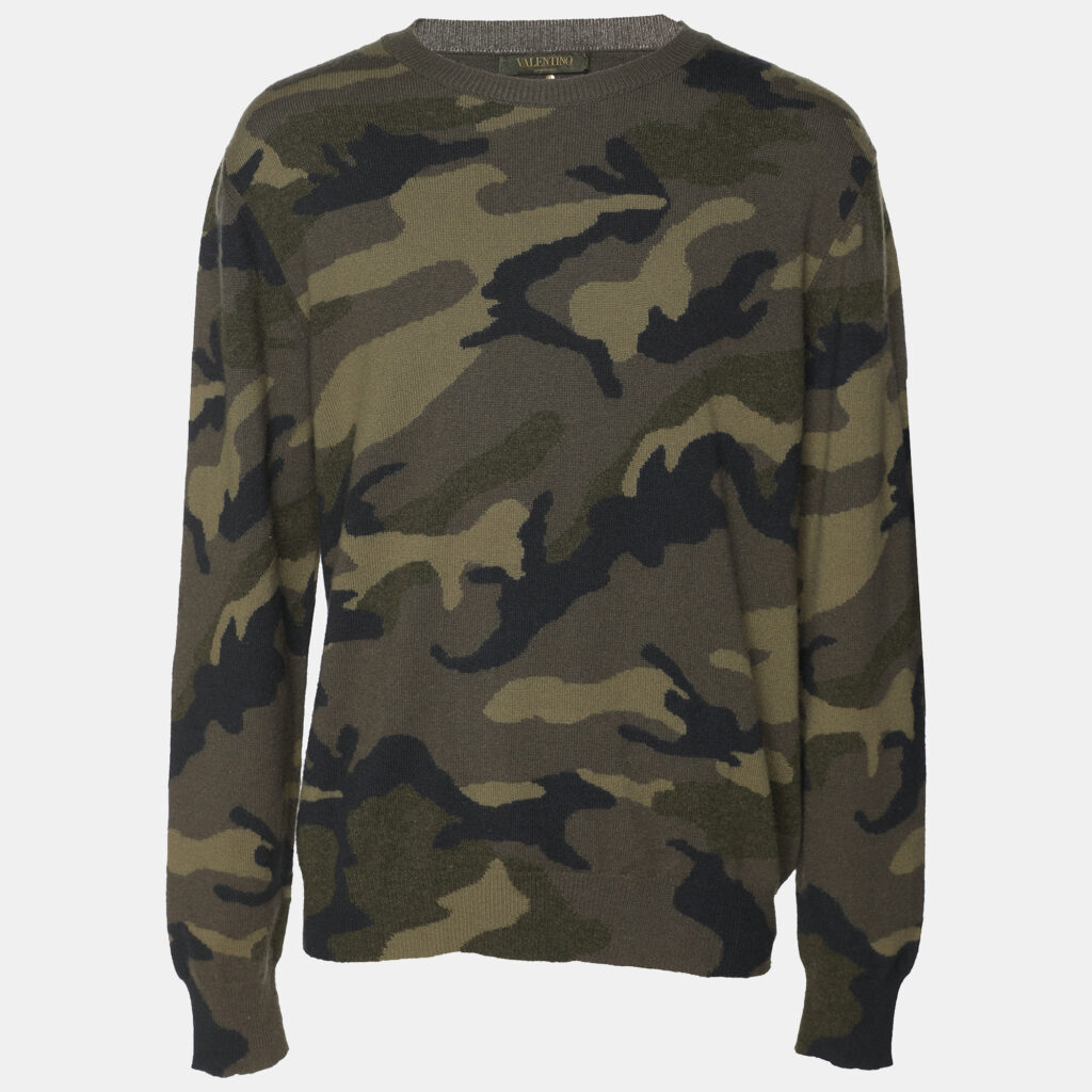 luxury-men-valentino-used-clothes-p1148410-002.jpg Valentino Green Camouflage Print Cashmere Knit Sweatshirt L