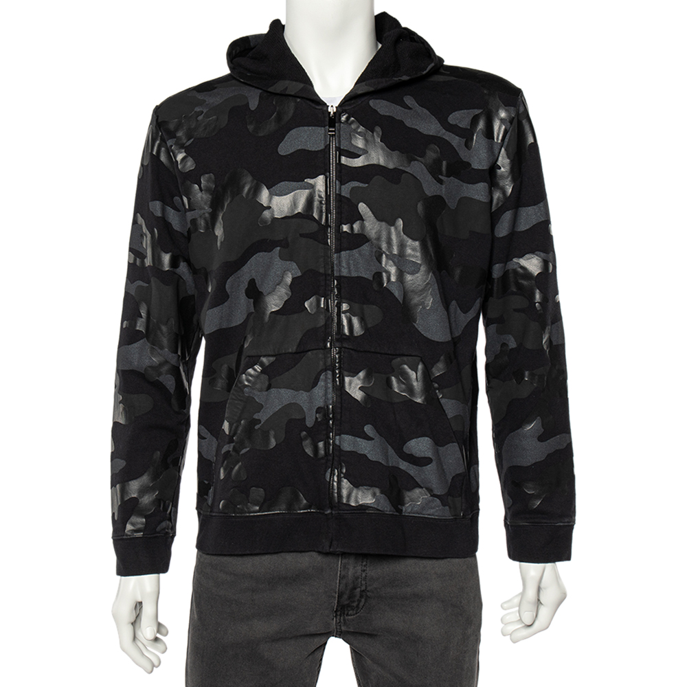Valentino Black Camouflage Print Cotton Zip Up Hooded Sweatshirt L