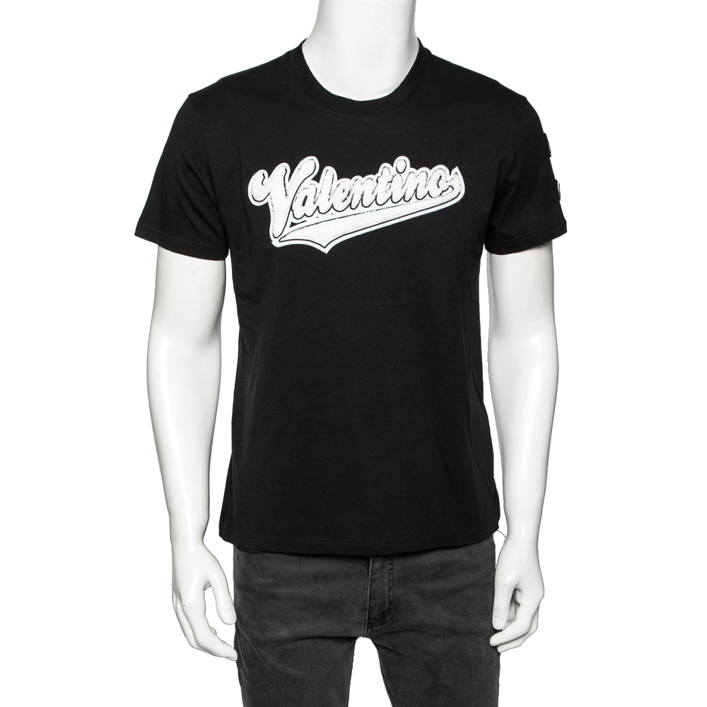 luxury-men-valentino-used-clothes-p619373-004-2 Valentino Black Cotton Baseball Logo Appliqued Short Sleeve T-Shirt S