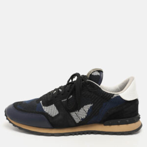 Valentino Blue/Black  Suede And Leather Camouflage Rockrunner Low Top Sneakers Size 45