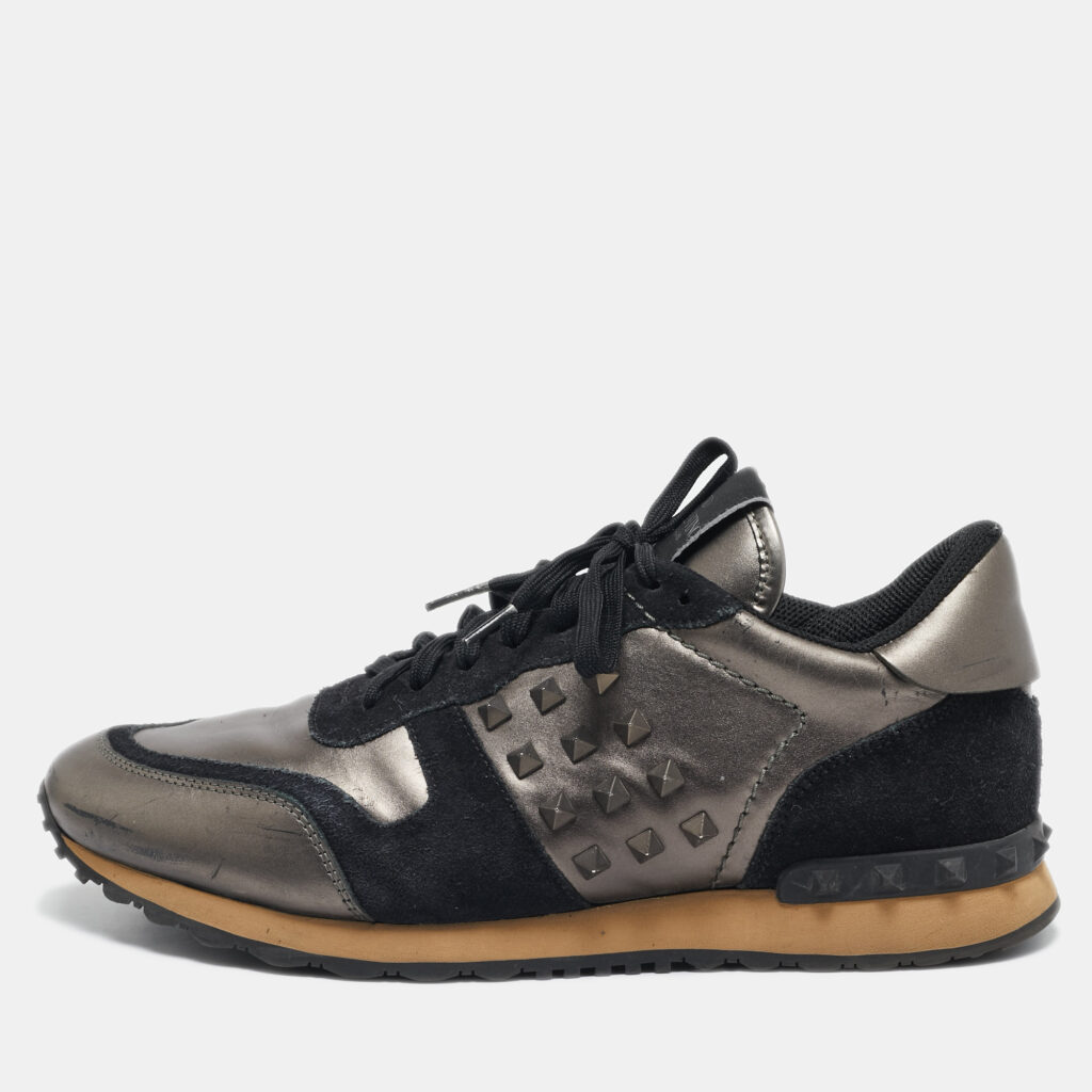luxury-men-valentino-used-shoes-p1146190-003 Valentino Black/Metallic Leather and Suede Rockrunner Sneakers Size 42