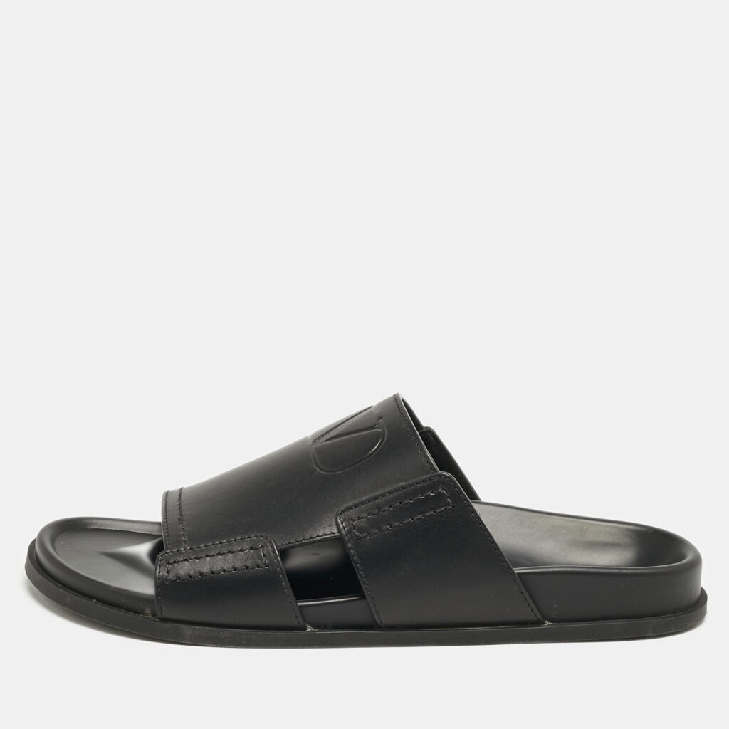 luxury-men-valentino-used-shoes-p1168915-001 Valentino Black Leather VLogo Flat Slides Size 45