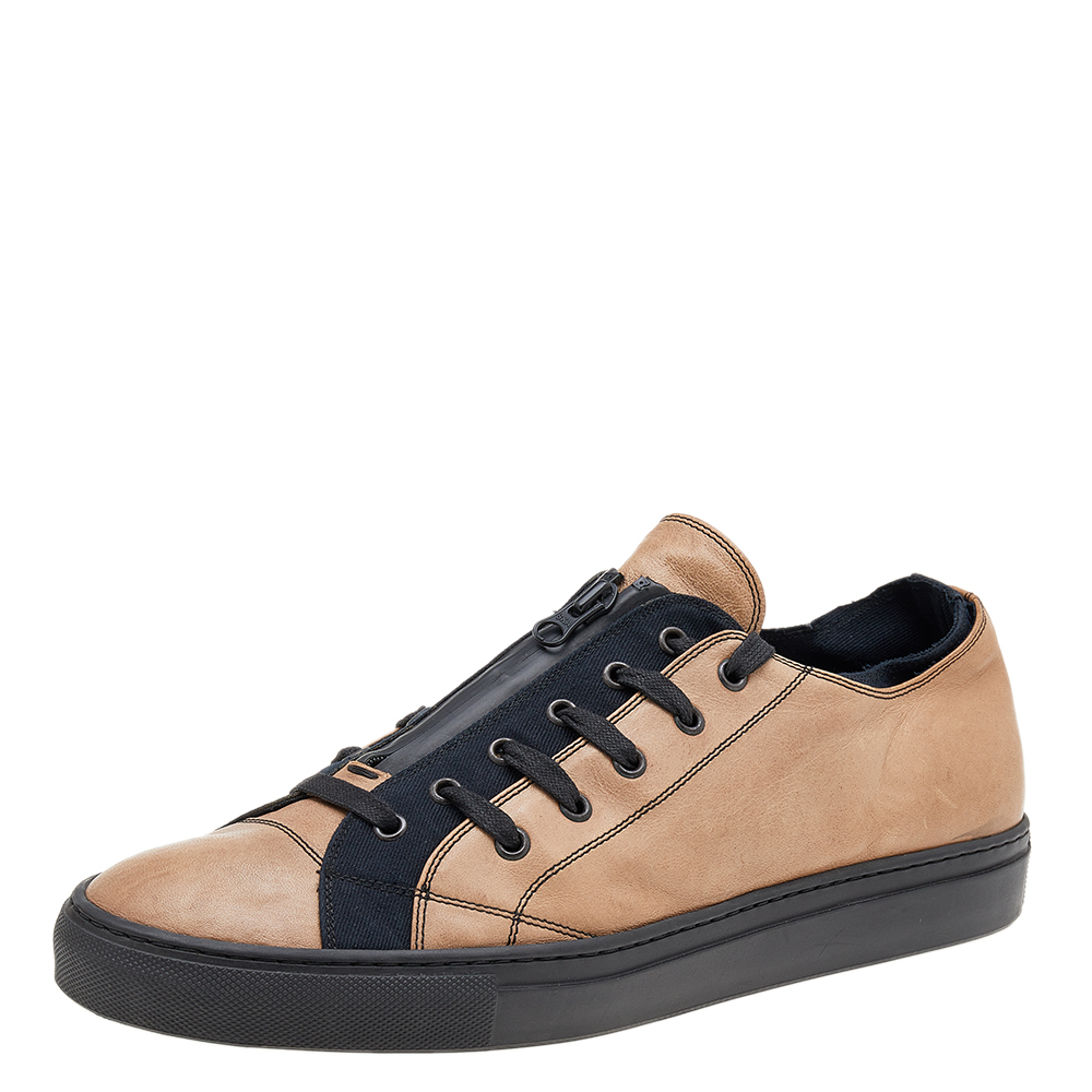 luxury-men-valentino-used-shoes-p612624-005-2 Valentino Beige/Black Leather And Canvas Zip Detail Low Top Sneakers Size 46