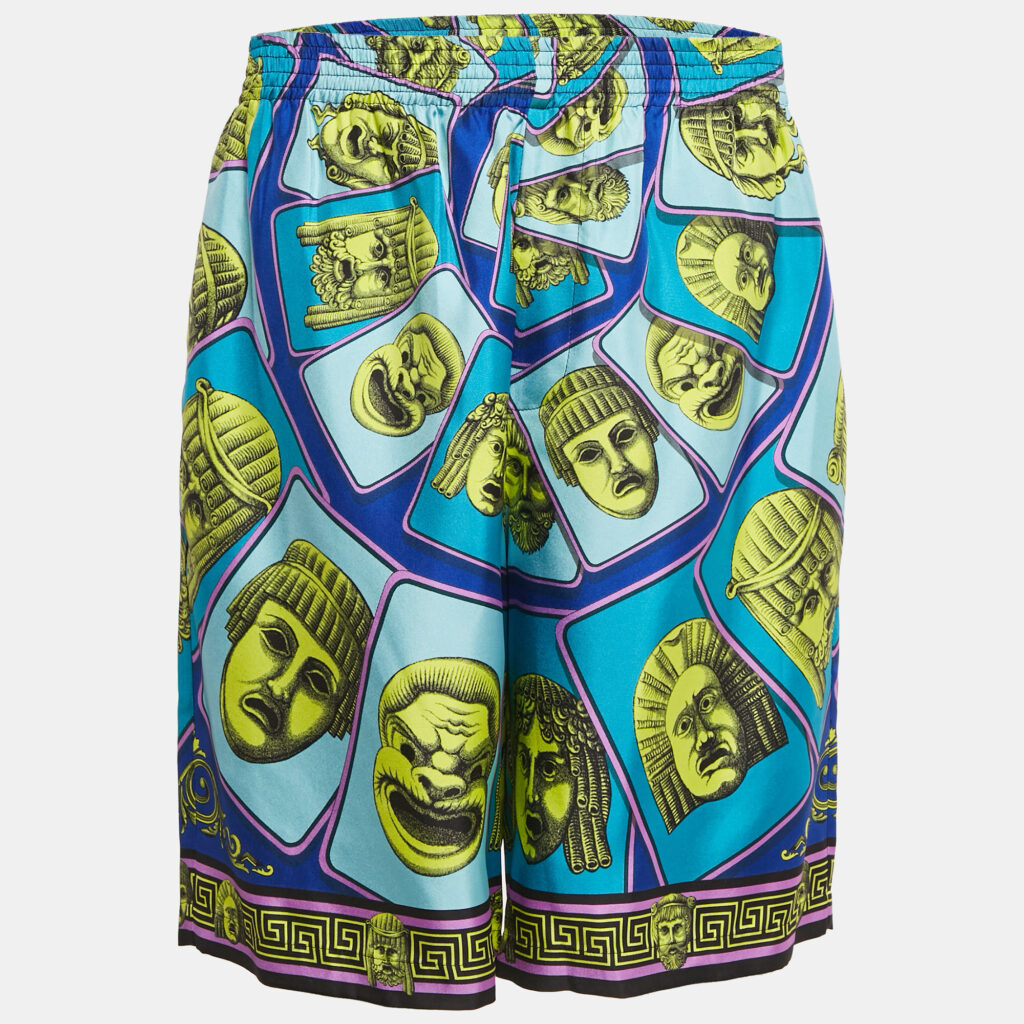 Versace Blue/Multicolor Mask Foulard Print Silk Shorts XL