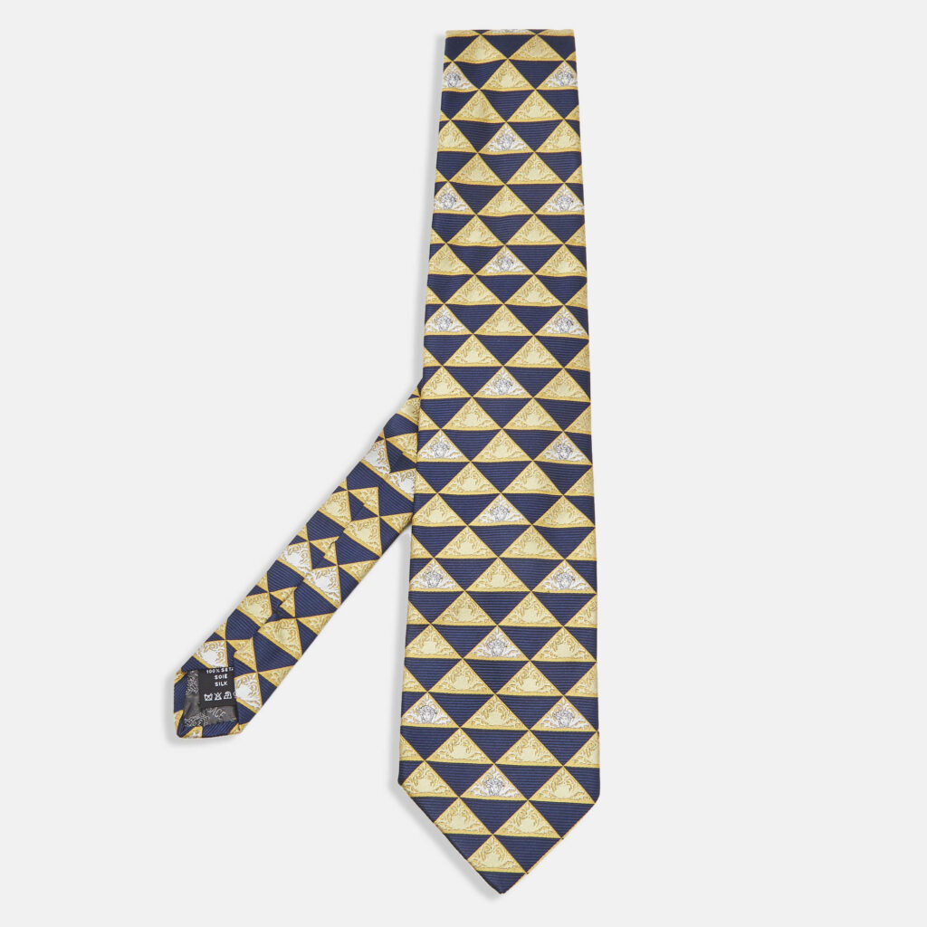 luxury-men-versace-used-accessories-p1040618-004 Versace Vintage Yellow/Blue Triangle Medusa Pattern Silk Tie