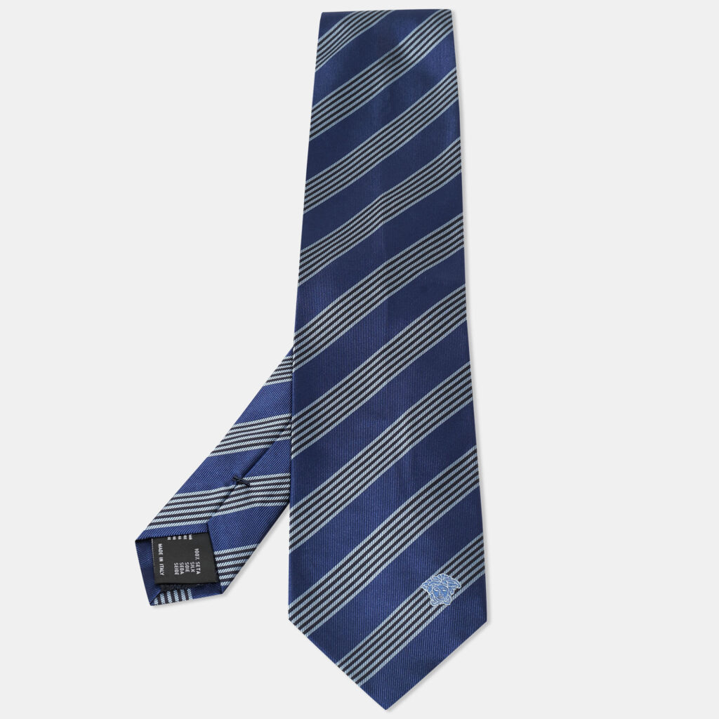 luxury-men-versace-used-accessories-p901761-003 Versace Blue Diagonal Striped Silk Tie