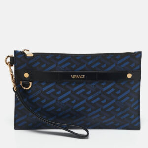 Versace Blue/Black La Greca Printed Coated Canvas and Leather Wristlet Pouch
