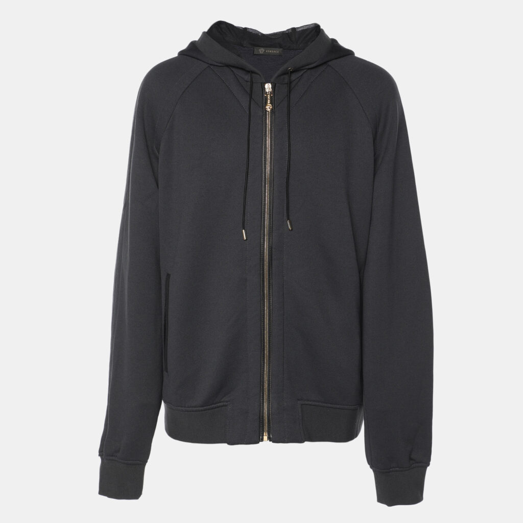 luxury-men-versace-used-clothes-p1089885-001 Versace Blue Knit Medusa Patch Detail Hooded Jacket XXL