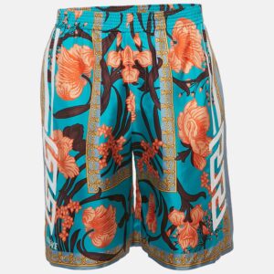 Versace Blue Acid Bouquet Print Silk Shorts XS