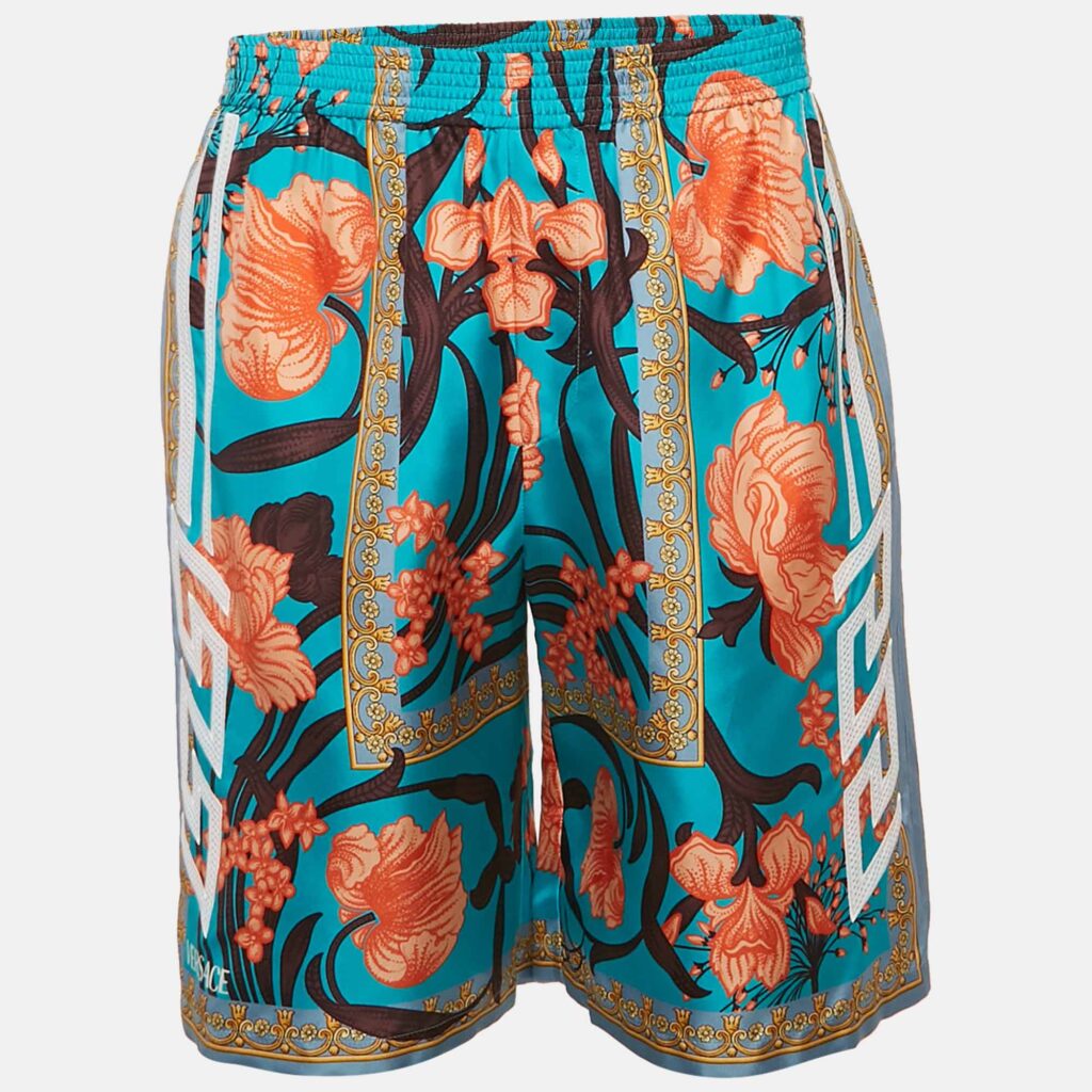 luxury-men-versace-used-clothes-p1126631-005 Versace Blue Acid Bouquet Print Silk Shorts XS