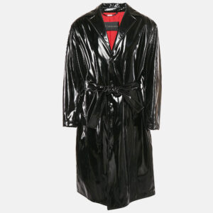 versace black coated cotton button front belted overcoat l
