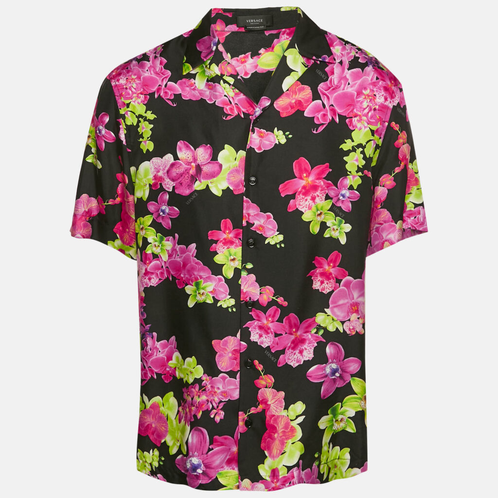 luxury-men-versace-used-clothes-p1142768-001 Versace Black/Pink Floral Print Silk American Fit Shirt L