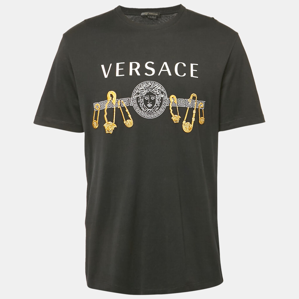 luxury-men-versace-used-clothes-p1160062-002 Versace Black Medusa Print and Pin Embroidery Cotton Crew Neck T-Shirt XXL