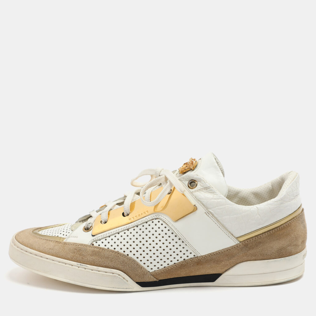luxury-men-versace-used-shoes-p1046426-005 Versace White/Beige Leather and Suede Medusa Low Top Sneakers 43