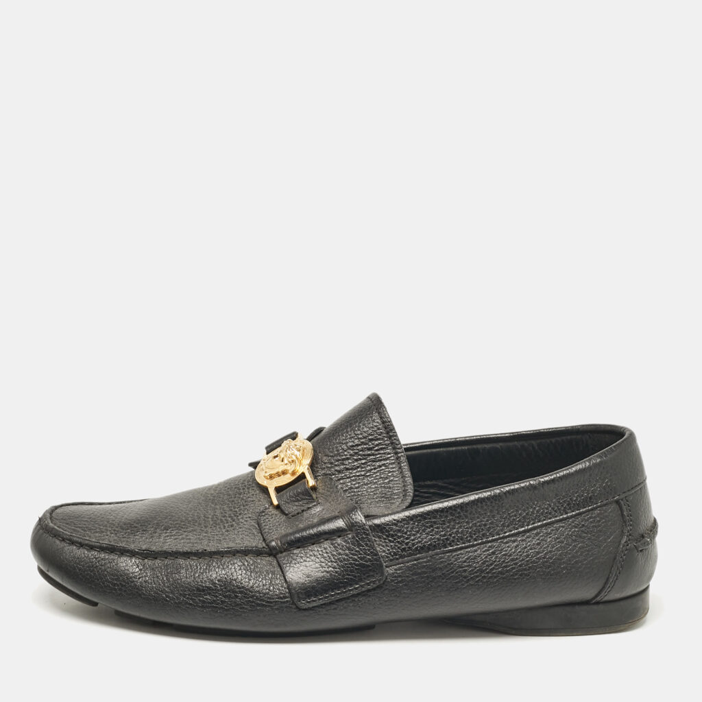 luxury-men-versace-used-shoes-p1079675-003 Versace Black Leather Medusa Buckle Loafers Size 43