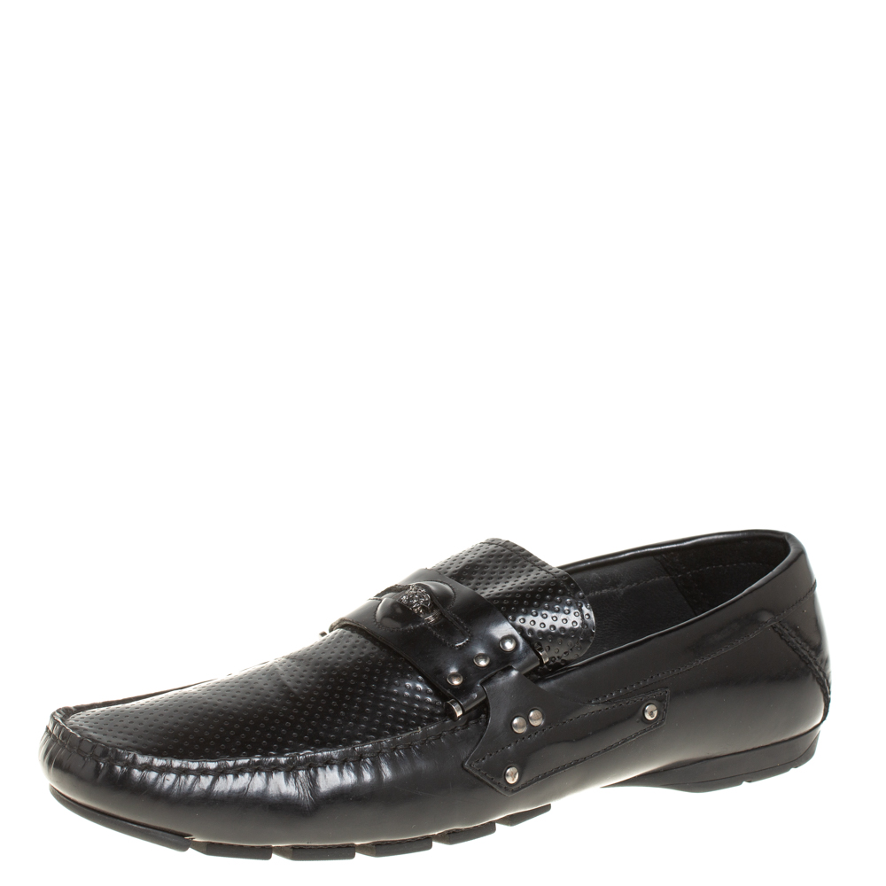 Versace Black Leather Medusa Detail Slip On Loafers Size 43